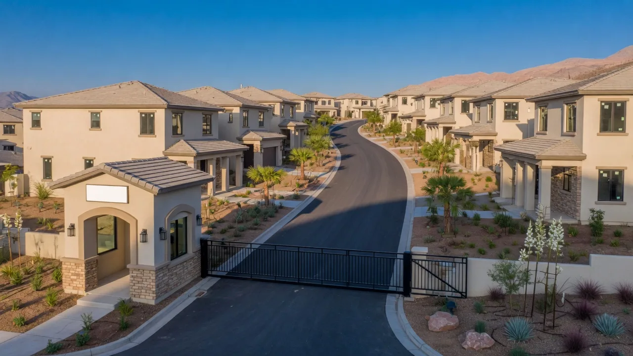 New one- and two-story stucco homes with contemporary desert styling along a landscaped boulevard with a stone gate house in a Summerlin village