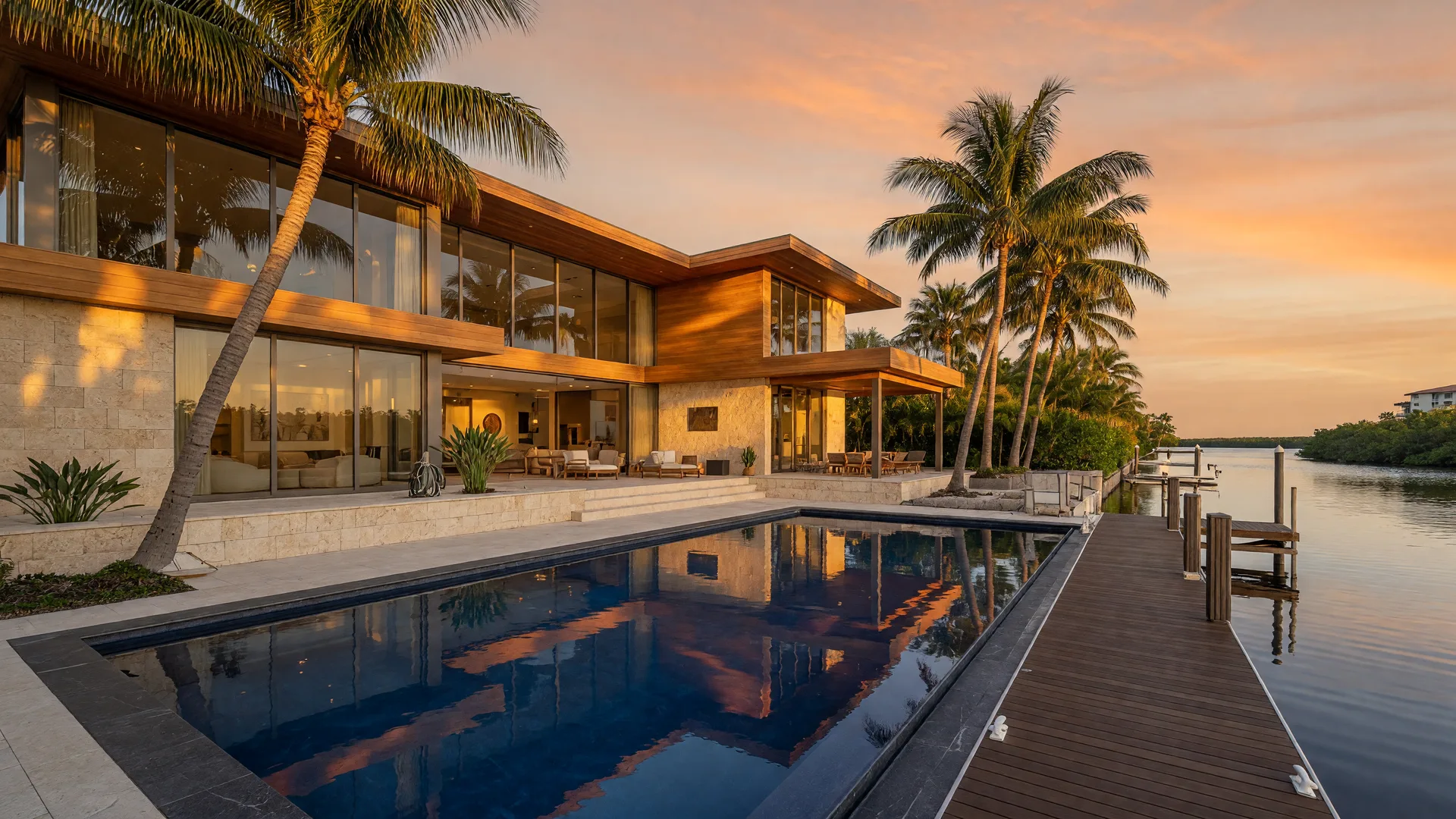A modern waterfront luxury home on the intracoastal at golden hour