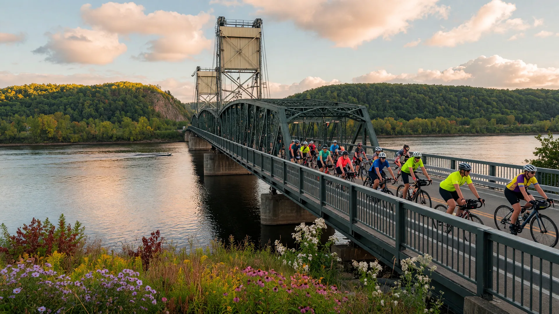 Cyclists crossing a historic bridge over the St. Croix River on a bright summer morning with rolling bluffs in the background