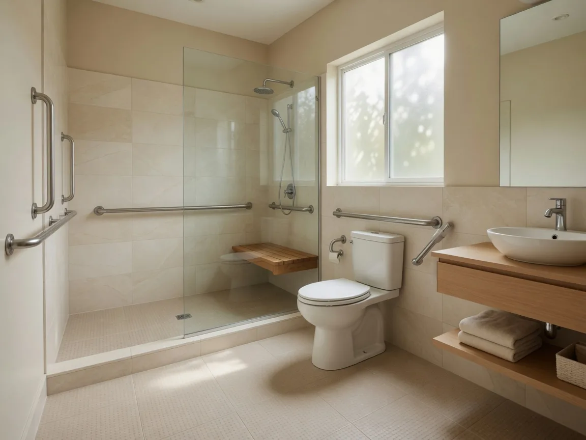 A bright, accessible bathroom with a walk-in shower and grab bars