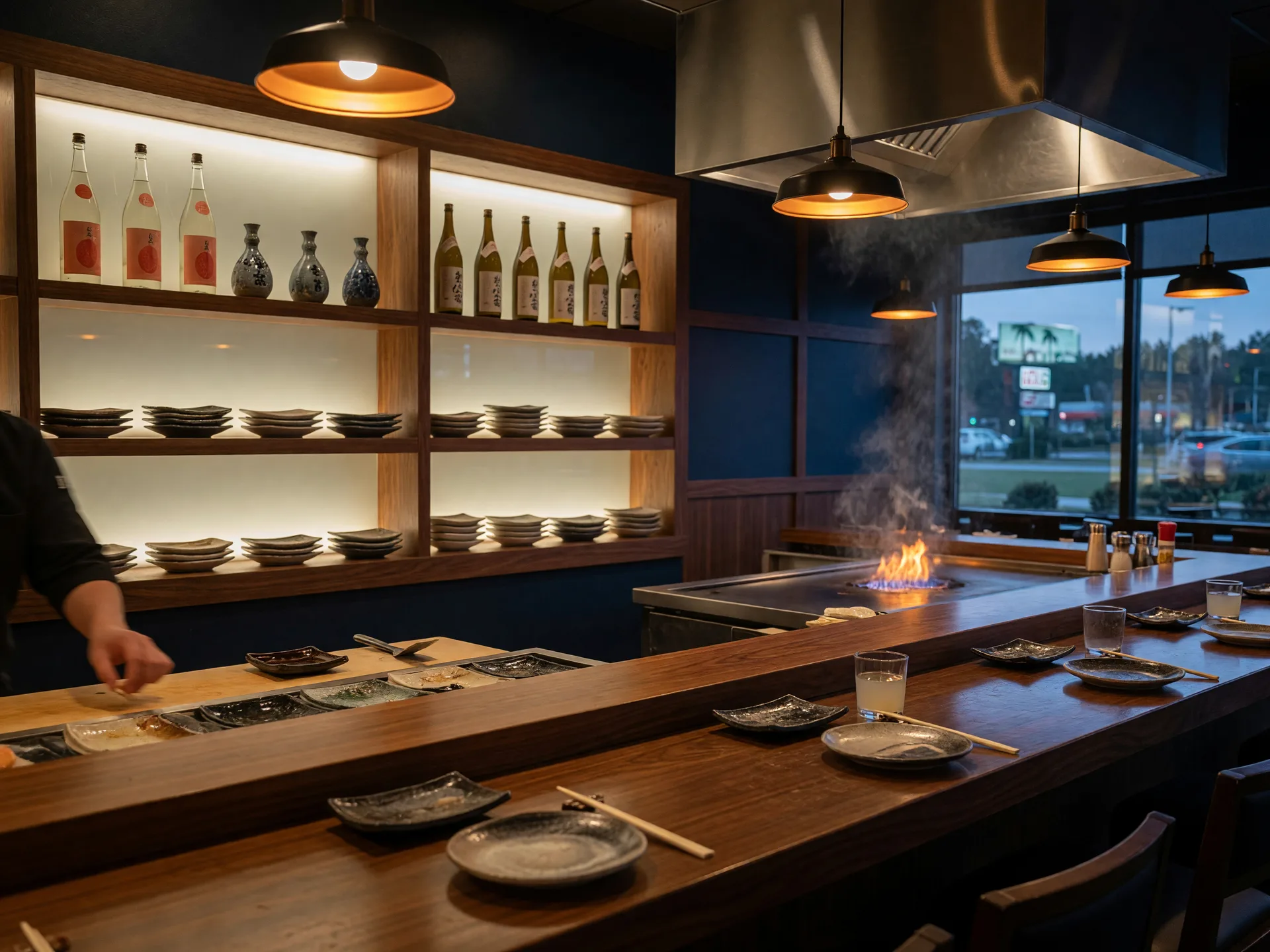 Warm, modern dining room at Taki Japanese Sushi and Hibachi with a dark wood sushi bar under pendant lighting in Dacula
