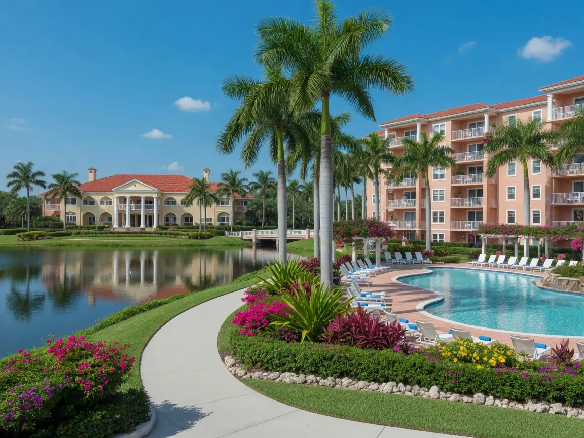 Century Village 55+ community in West Palm Beach with lakes, palm trees, and resort amenities.