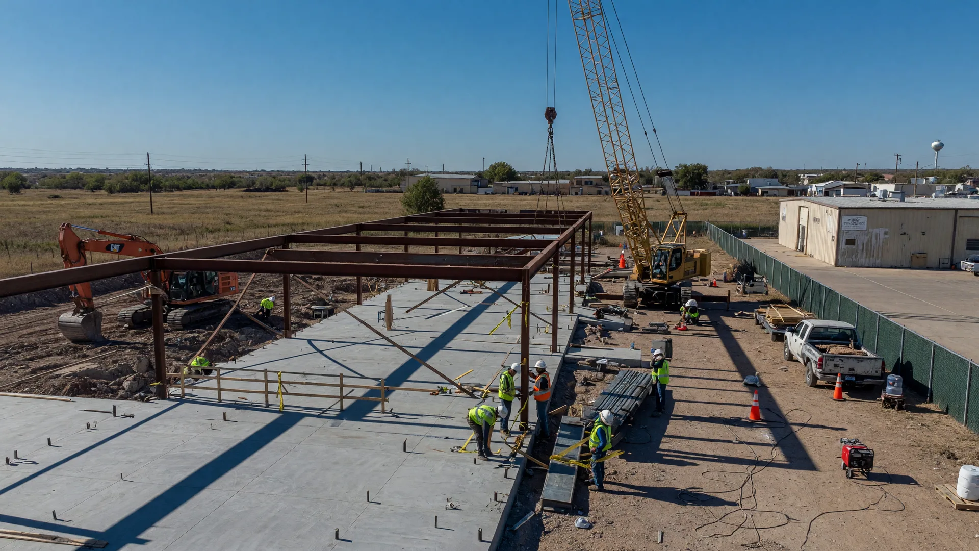 Steel framing and concrete foundation of a new commercial building under construction on a clear day in Paris, Texas