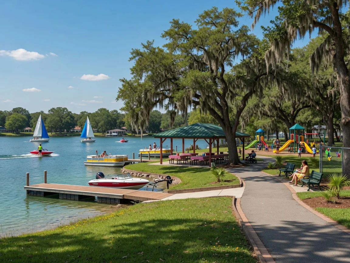 Lake Ariana Park in Auburndale, Florida with boating dock, walking trail, and picnic pavilions