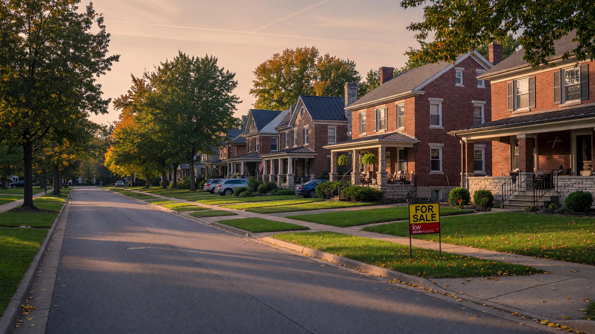 A brick and stone suburban street in Hamilton County Indiana in early autumn with a real estate For Sale sign in a front yard