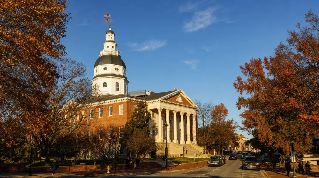 Maryland State House dome in Annapolis with state flag, classical architecture, and autumn trees
