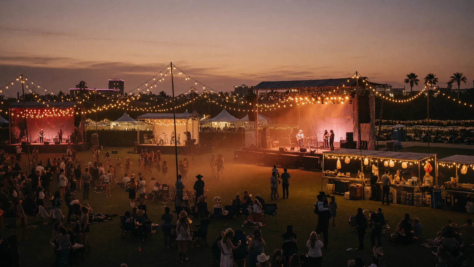 An outdoor music festival at dusk with glowing stages, string lights, and a large crowd on a lawn
