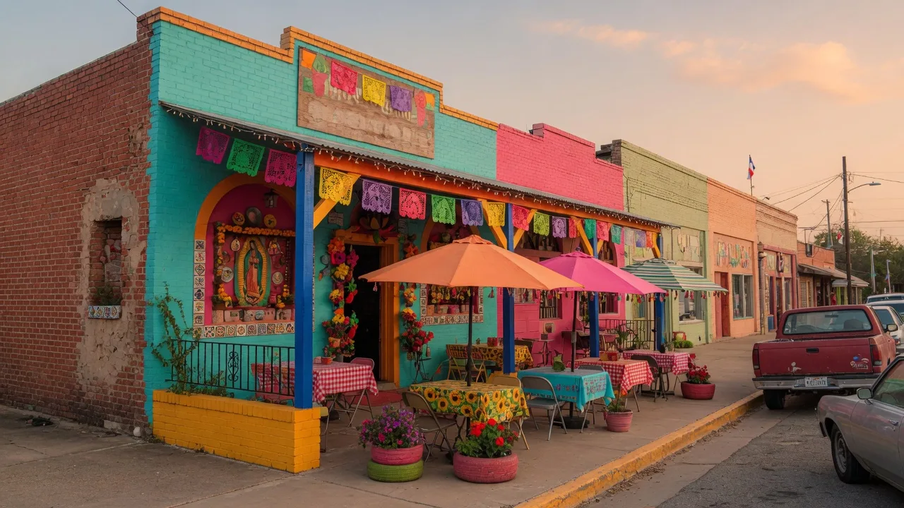 Colorful Mexican restaurant facade on a downtown street in a small Texas town with vibrant decor and warm afternoon light