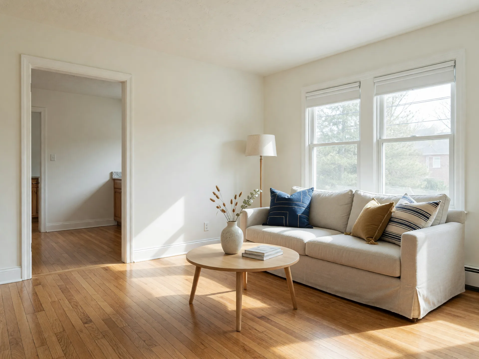 A bright, freshly staged Delran living room with neutral walls and navy and gold accents, ready for a buyer's inspection