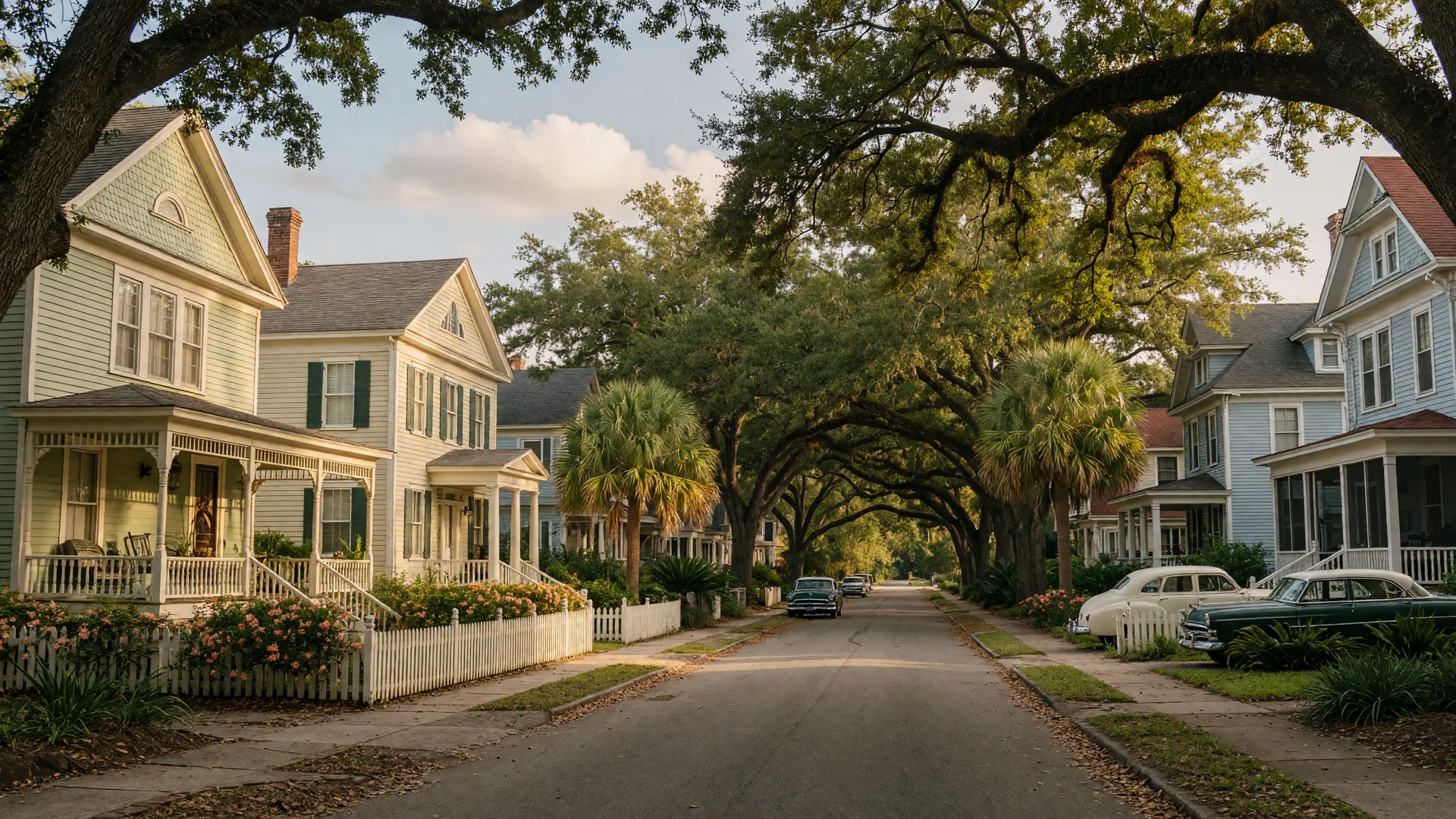 A leafy North Hill street with Queen Anne and Colonial Revival frame homes beneath arching live oaks in late-afternoon light.