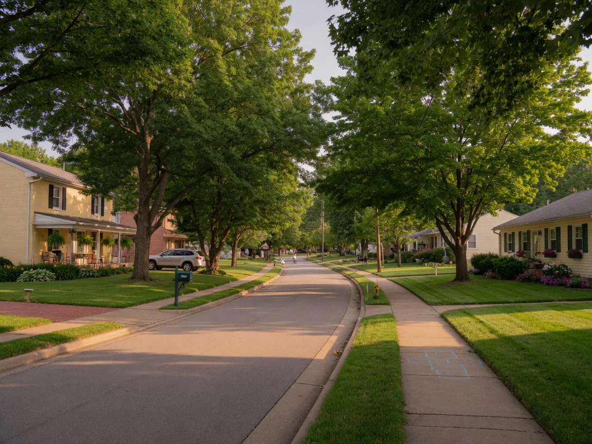 A peaceful tree-lined neighborhood street in Gladstone, Missouri with well-maintained homes and mature shade trees
