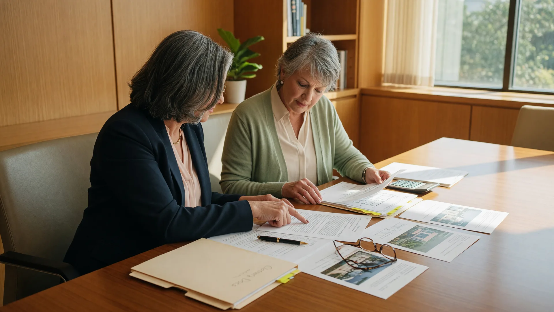A real estate agent and a client review documents together at a sunlit conference table