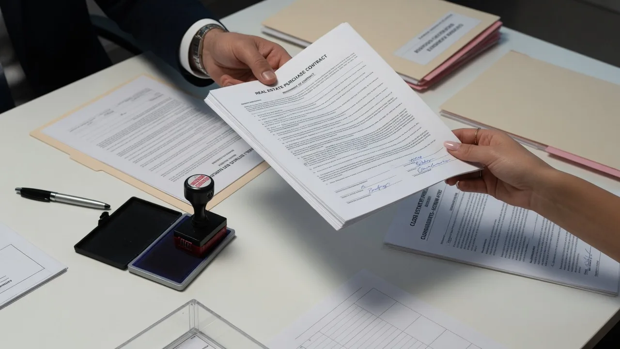 Real estate contract being passed between hands across a corporate desk with legal documents