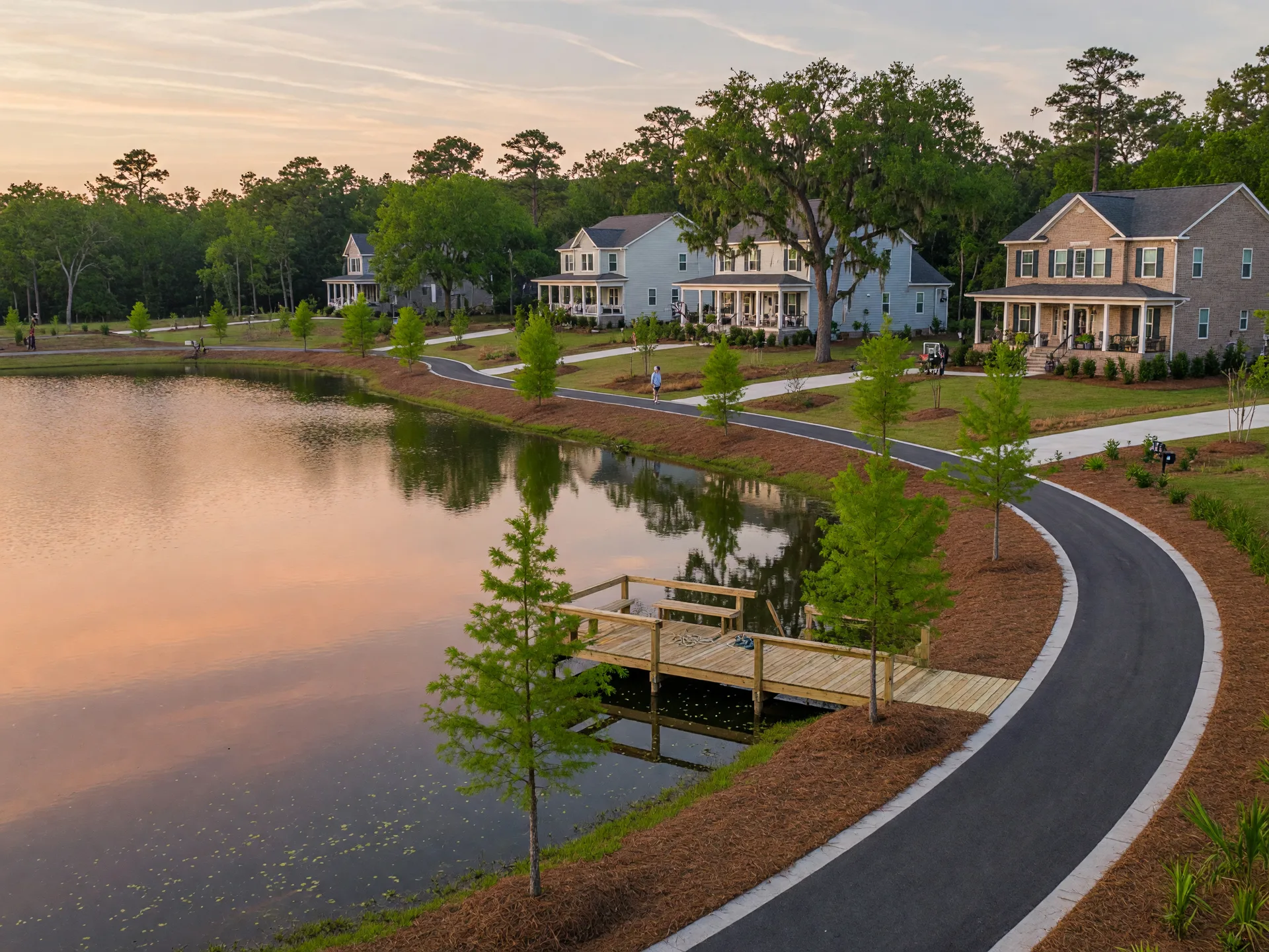 A paved walking trail running beside a calm pond with a wooden dock in Foxbank Plantation, new porched homes set among live oaks and pines beyond the water