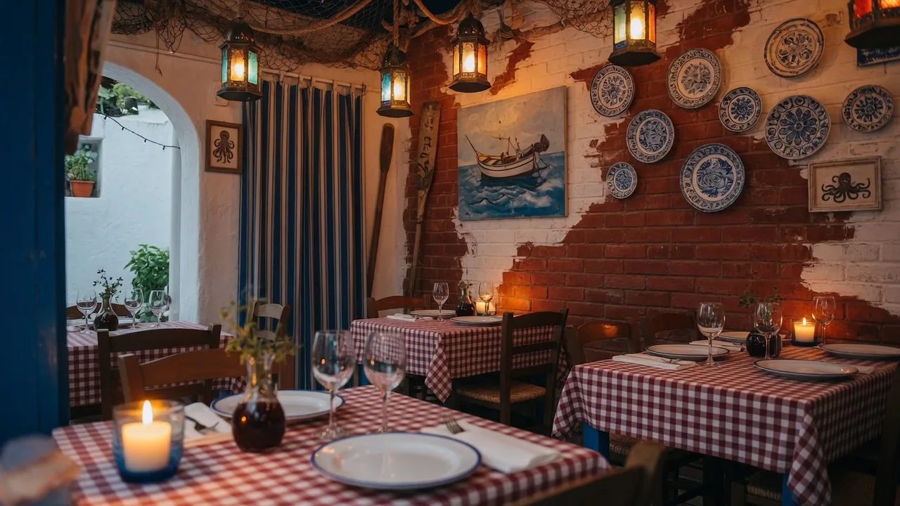 Cozy interior of My Big Fat Greek Taverna in Dacula Georgia with blue and white nautical accents, checkered tablecloths, and warm amber lantern lighting
