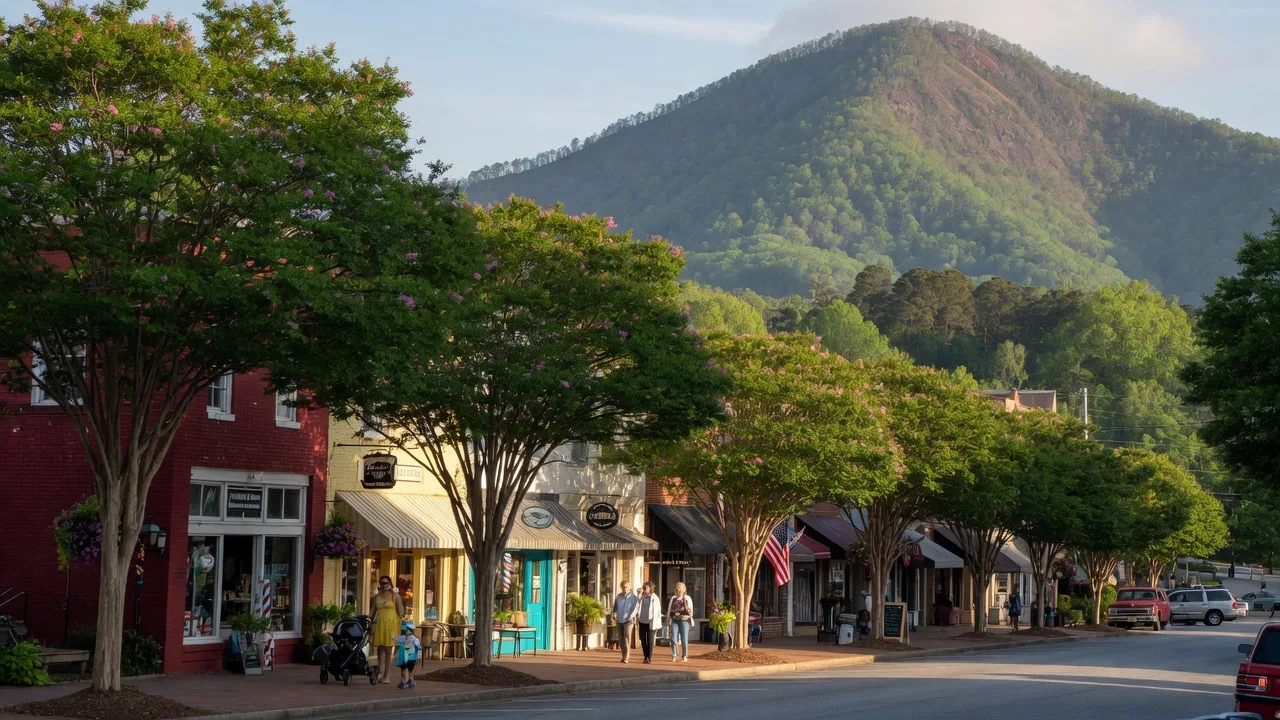 Kennesaw, Georgia downtown on a bright spring morning with Kennesaw Mountain rising in the distance, local shops and families along the street