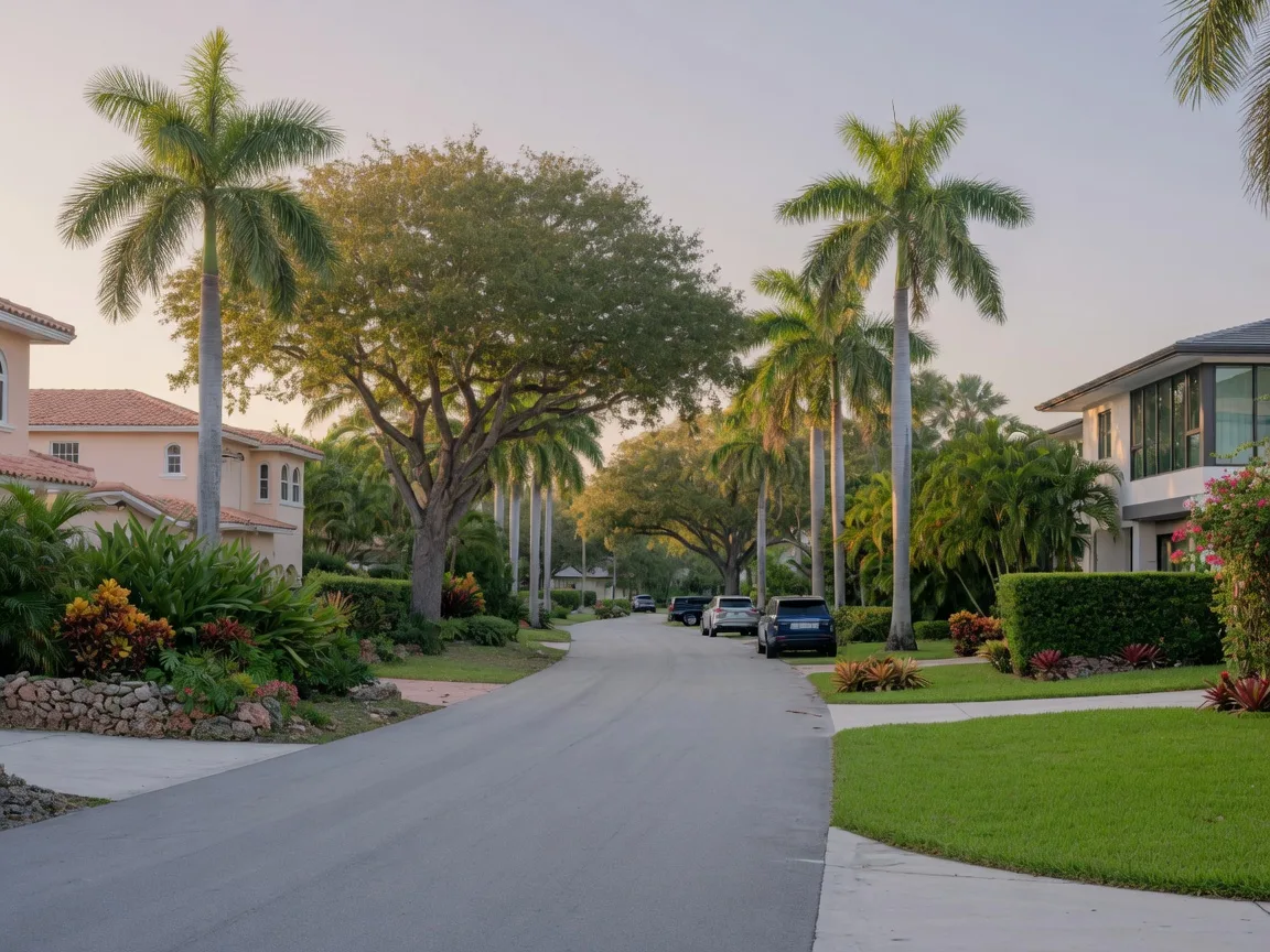 Wide residential street in Pinecrest with Mediterranean homes and palms