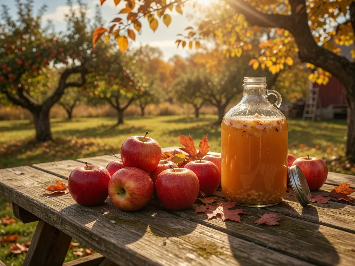 Ripe red apples and a glass jug of fresh apple cider on a rustic wooden table in a Michigan orchard at golden hour