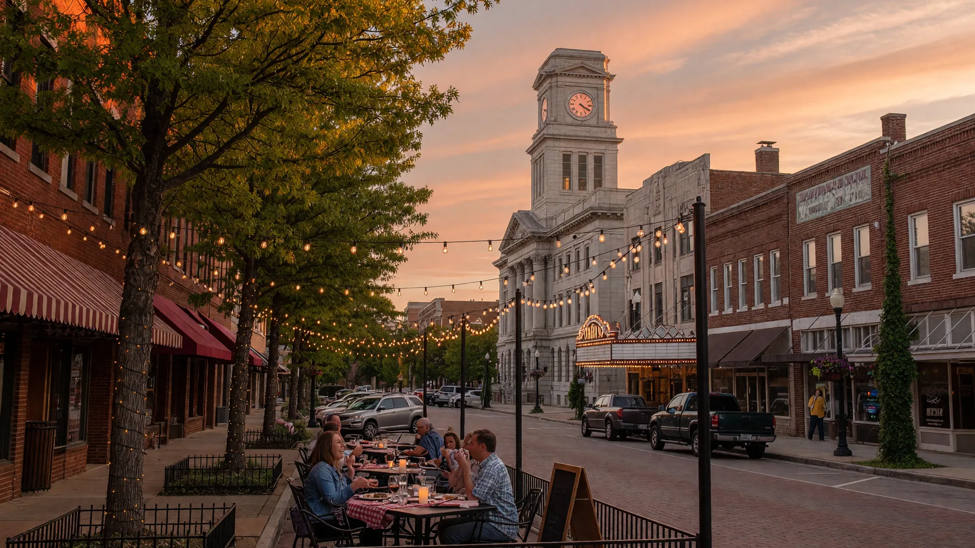 Downtown Canton, Georgia at golden hour with historic brick storefronts, the Cherokee County courthouse, and outdoor patio dining with string lights