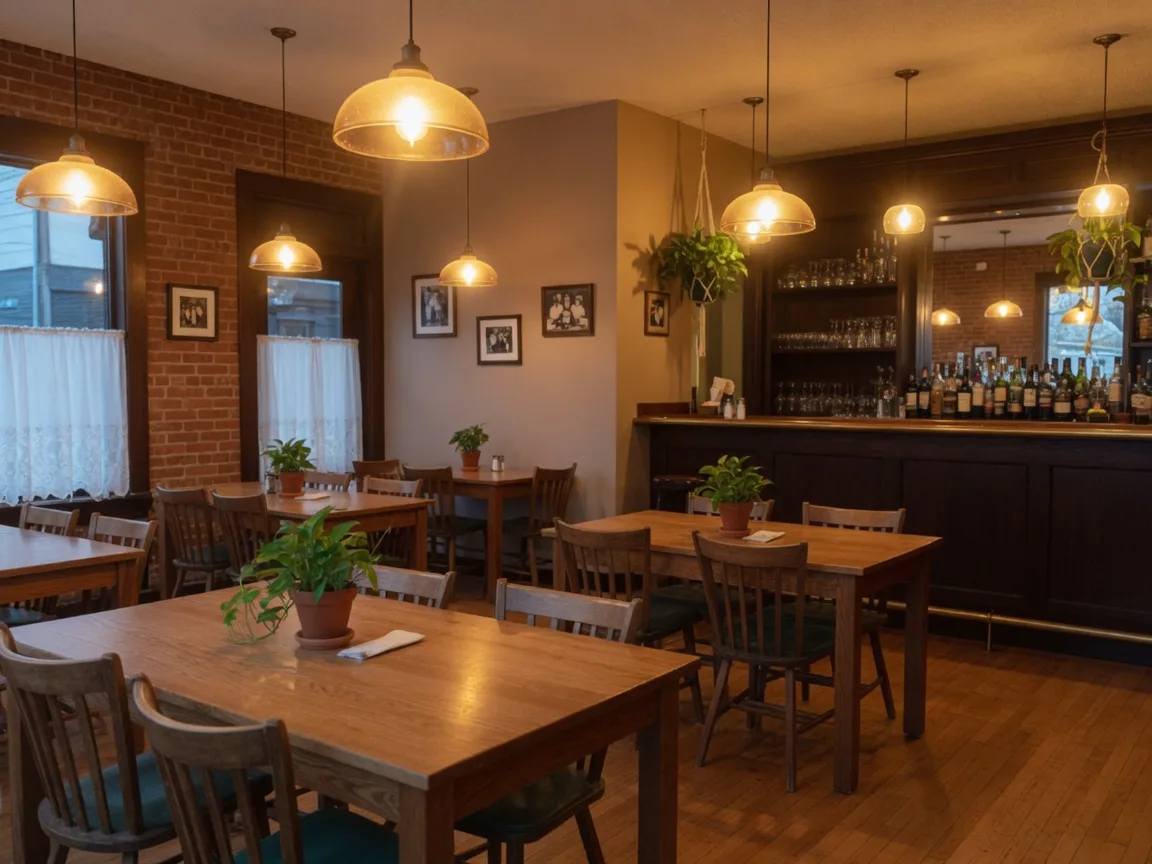 Warm, inviting family restaurant interior with wooden tables and golden pendant lighting