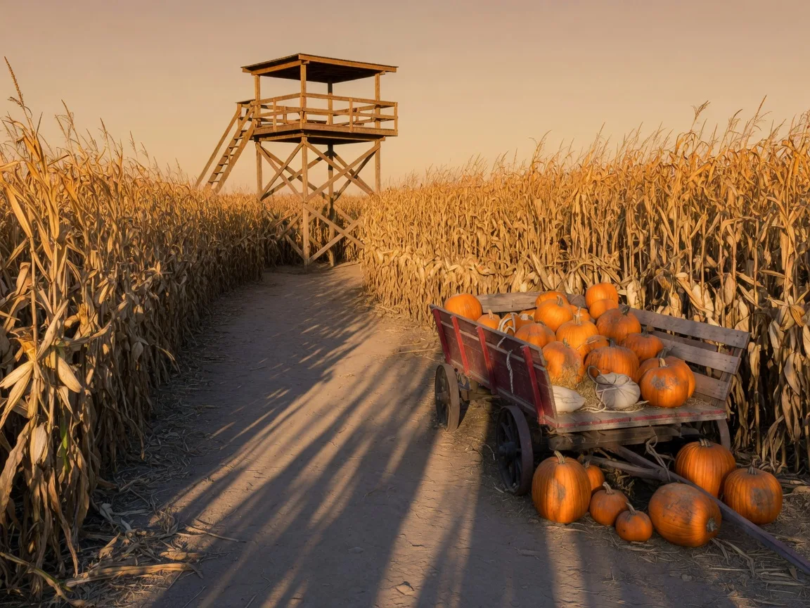Golden corn maze path at a South Jersey farm in early October with a wooden observation platform in the distance