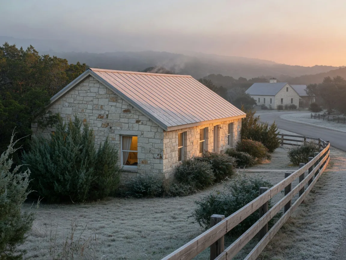 A limestone Hill Country home with a frost-covered metal roof at sunrise, warm window light glowing, with a neighbor's home down the lane