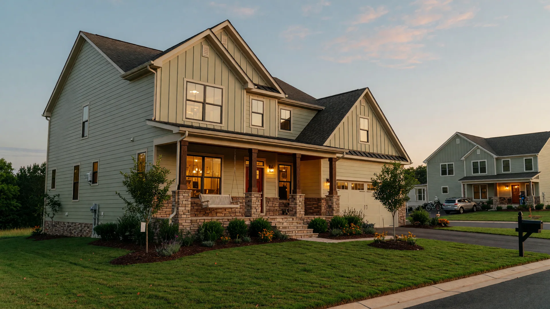 A modern craftsman-style new construction home in a peaceful Virginia Lennar community on a warm late summer evening