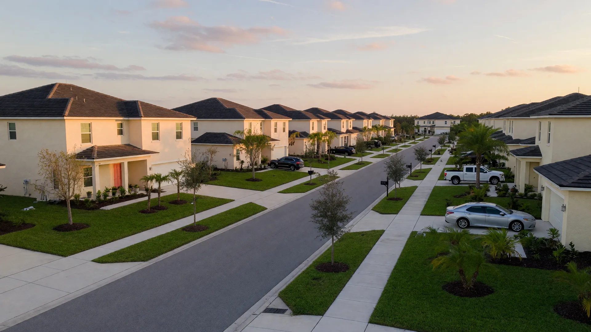 A planned single-family community in Port St. Lucie at golden hour, with palms and tidy lawns along a quiet street