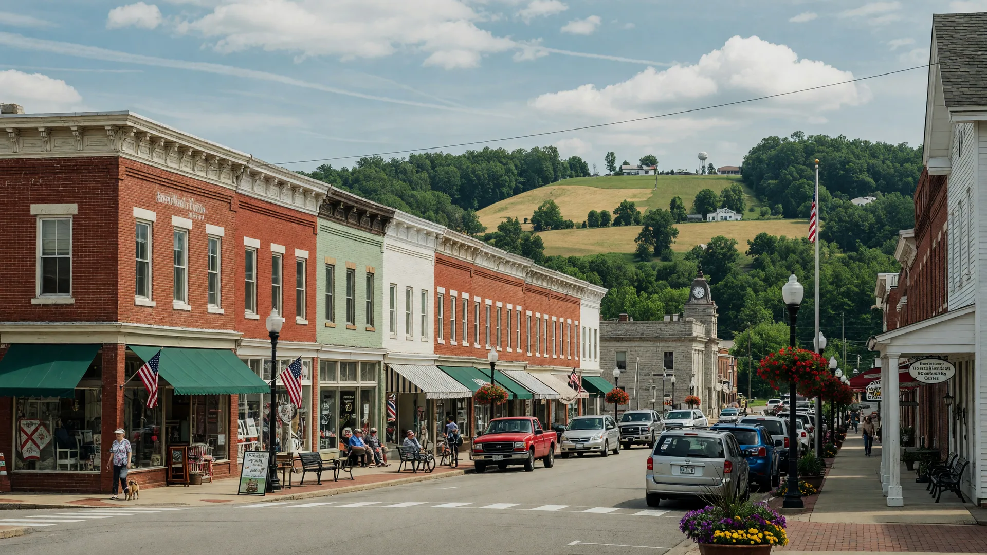 Mount Washington, Kentucky's small-town downtown with historic buildings and Bullitt County rolling hills in the background