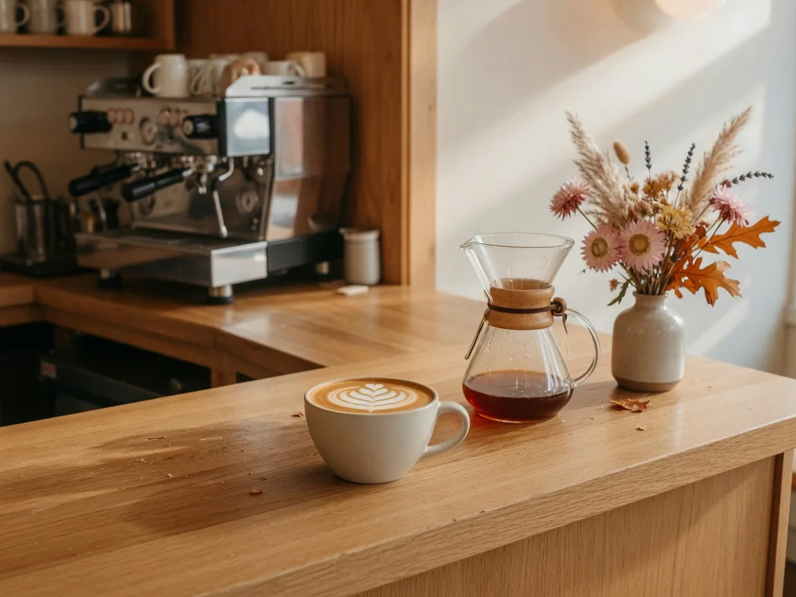 Warm coffee shop counter on a crisp autumn morning with a ceramic latte showing rosetta latte art beside a glass pour-over carafe
