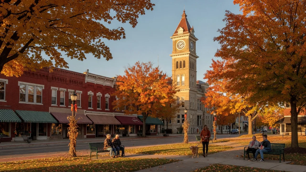 The clock-tower courthouse rising above red brick storefronts on the historic Medina Ohio public square in autumn
