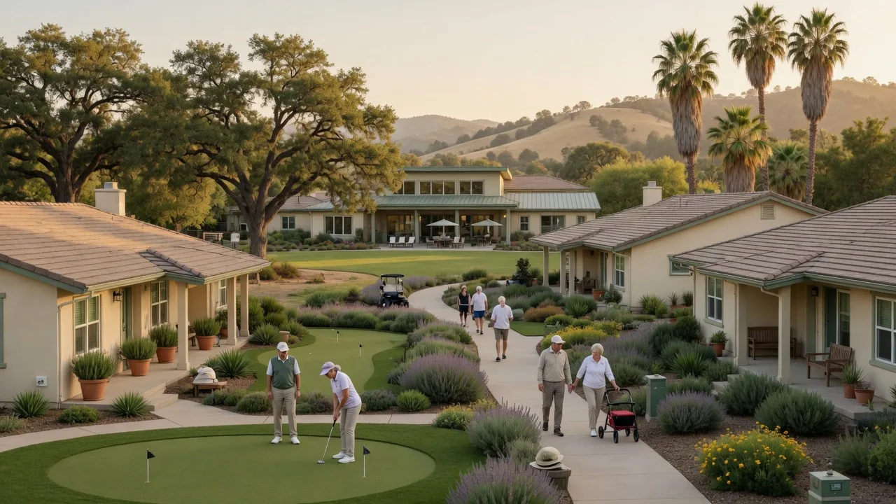 Active adult 55+ community in Northern California with single-story homes, landscaped gardens, and a community clubhouse during golden hour