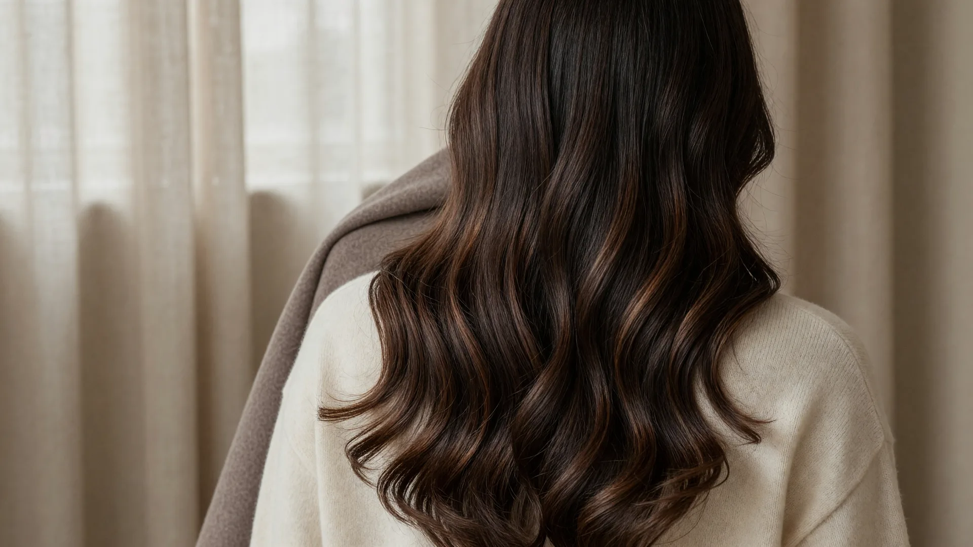 Glossy dimensional brunette hair with soft caramel balayage in loose waves