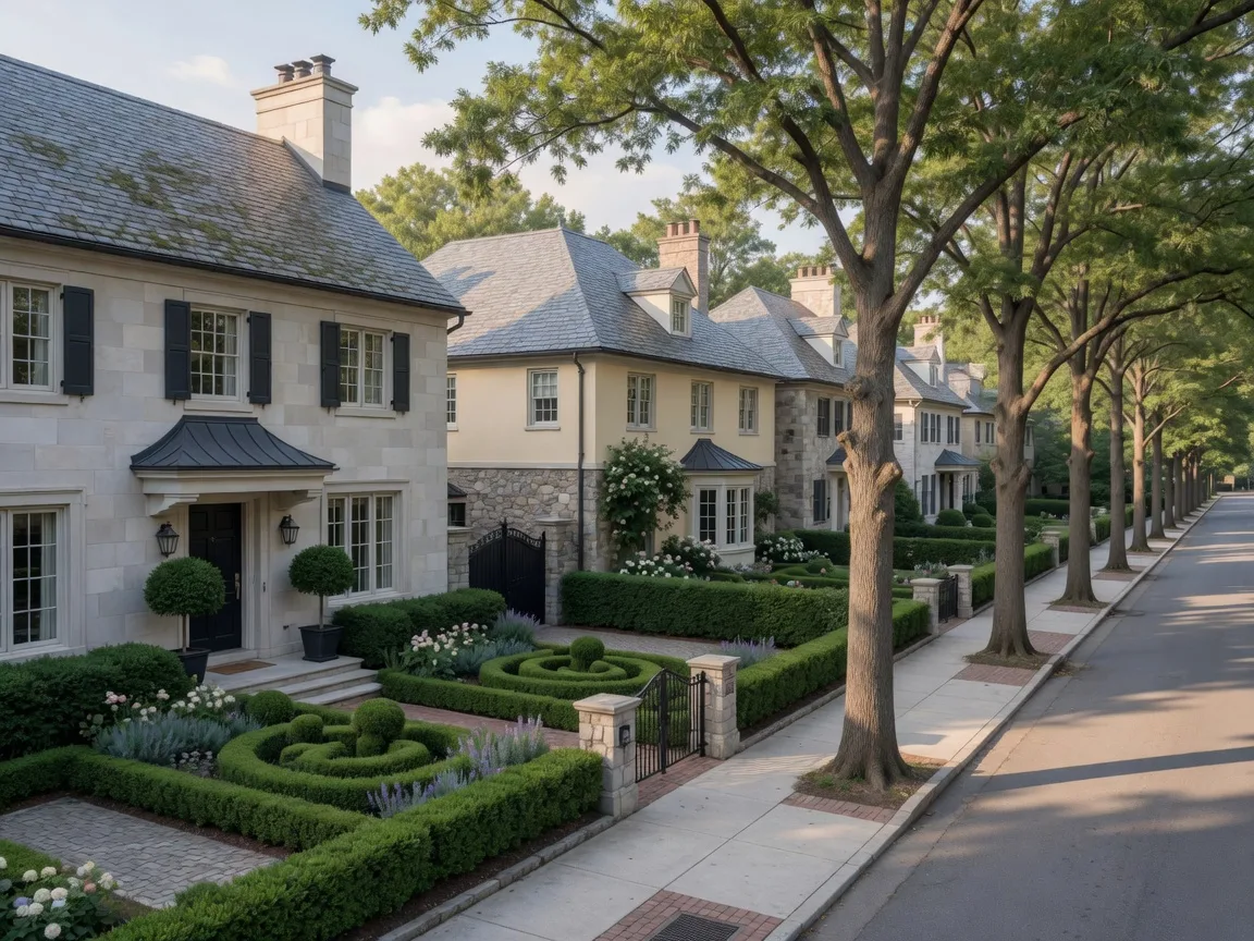 An upscale residential Bethesda home on a tree-lined street in warm evening light