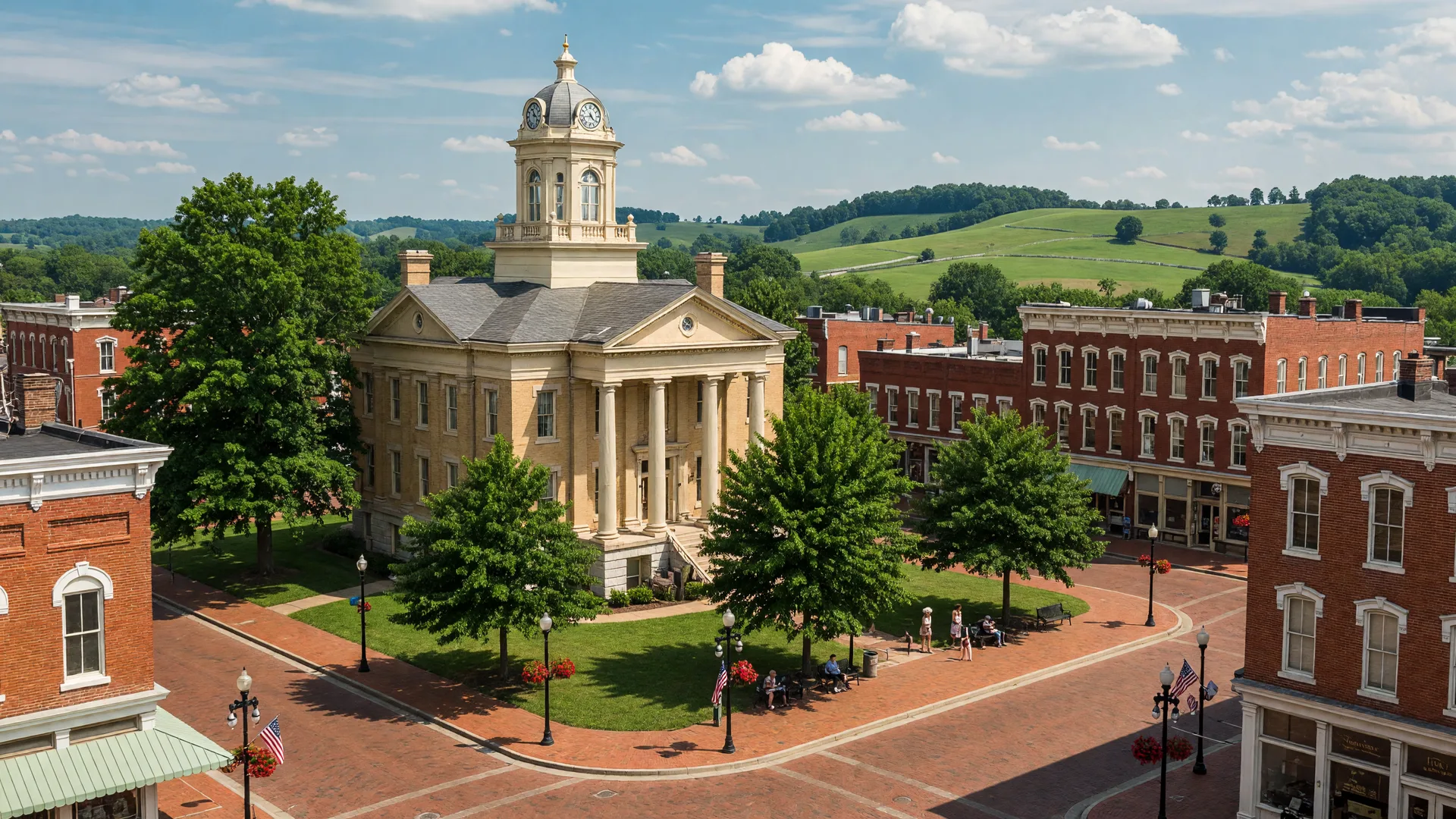 Georgetown, Kentucky's historic courthouse square with brick-paved streets, classic architecture, and Bluegrass horse country in the distance