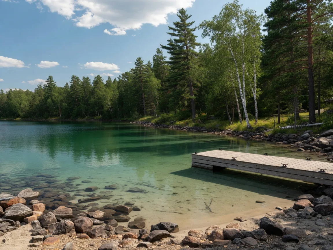Crystal clear Minnesota lake with dock and pine trees