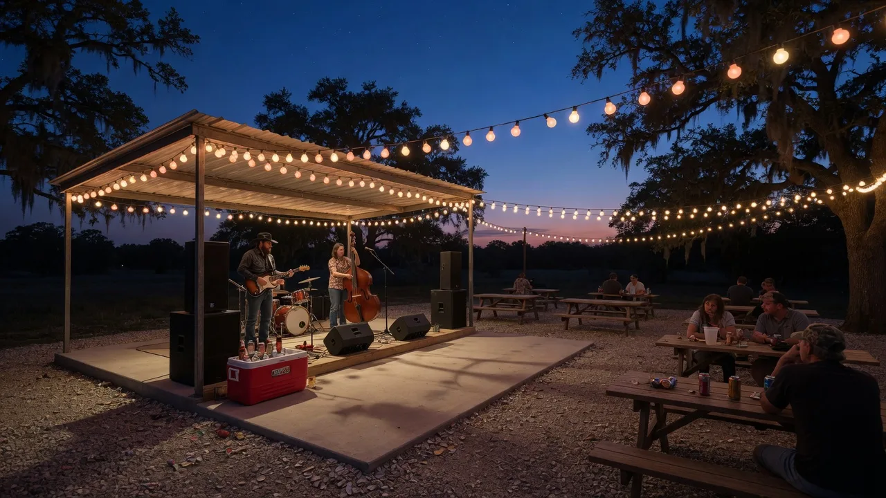 Open-air East Texas icehouse patio stage strung with warm market lights, picnic tables on gravel in the foreground at dusk