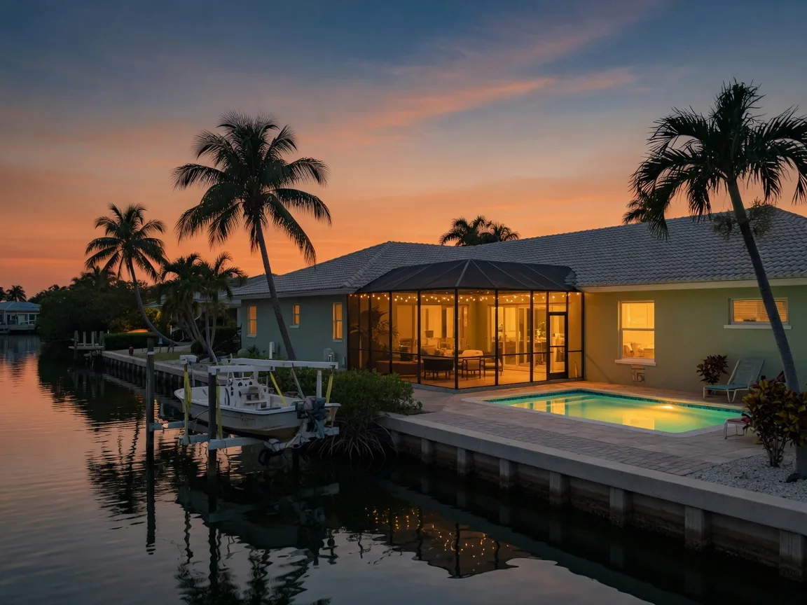 Modern waterfront rental property with pool and boat lift at dusk in Southwest Florida