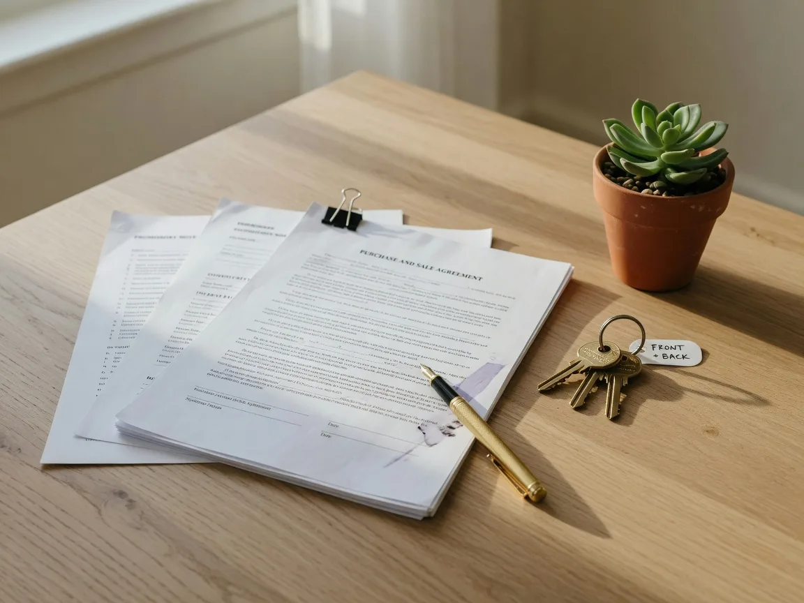 A real estate closing still life: contract paperwork, a gold pen, and brass house keys on a light oak table