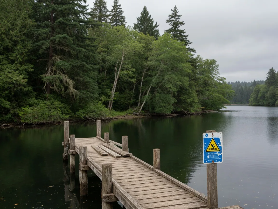 A calm lake in Greater Victoria with a wooden dock and trees along the shoreline, with a blue-green algae warning sign visible on a post near the water