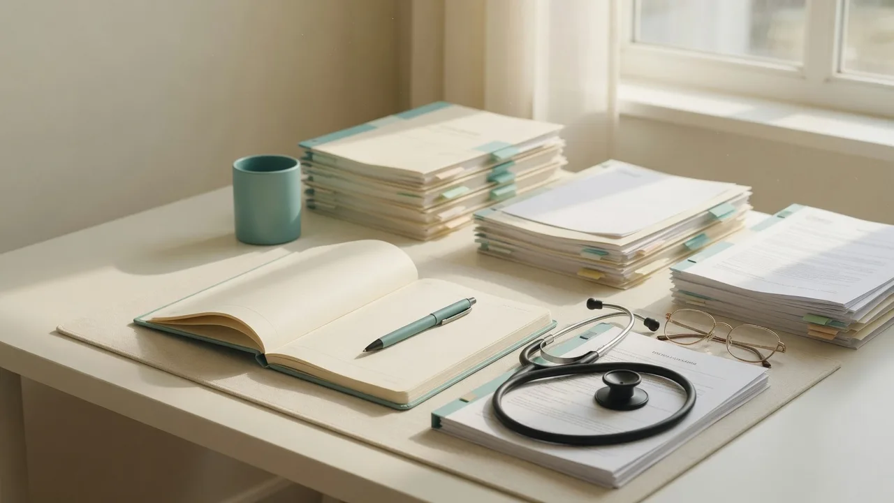 A clinician's desk with neat stacks of blank documents, a stethoscope, and reading glasses beside an open notebook in warm natural light
