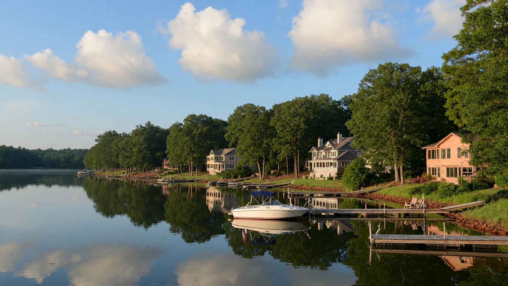 Lakefront homes with docks on Lake Wylie in Tega Cay, South Carolina