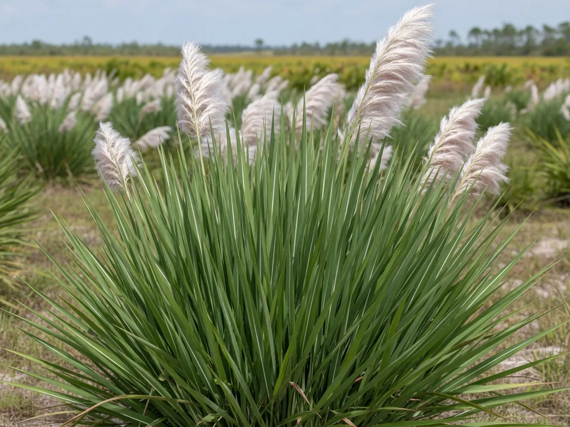 Cogongrass patch with tall blades showing off-center white midribs and fluffy seed heads