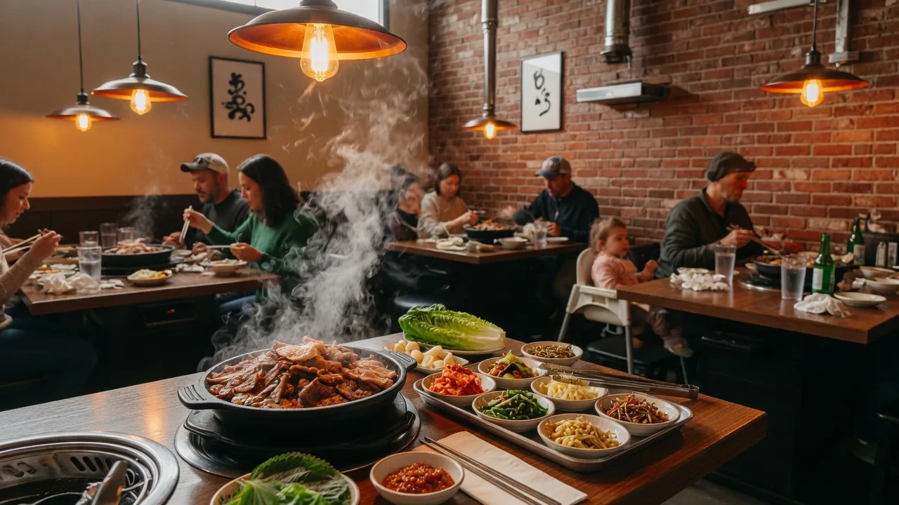 Steaming Korean BBQ bowls with banchan side dishes at a restaurant in Herriman, Utah