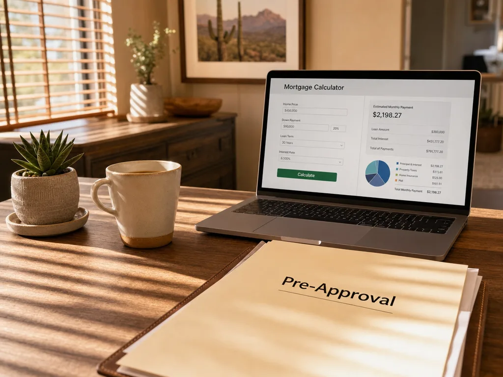 Bright home office desk setup with a laptop displaying a mortgage calculator, a coffee cup, and financial documents in warm natural light
