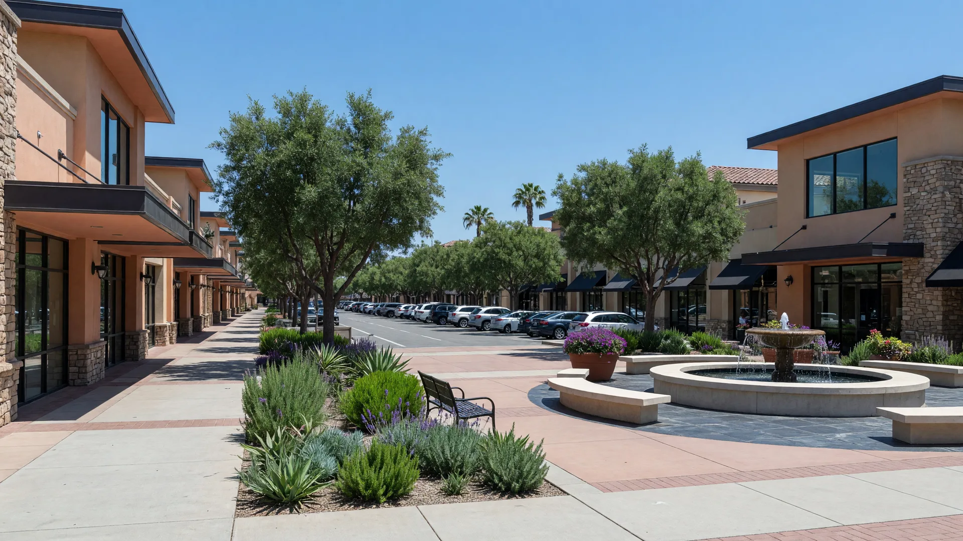 A tree-lined pedestrian main street with two-story retail buildings and wide sidewalks at Menifee Town Center