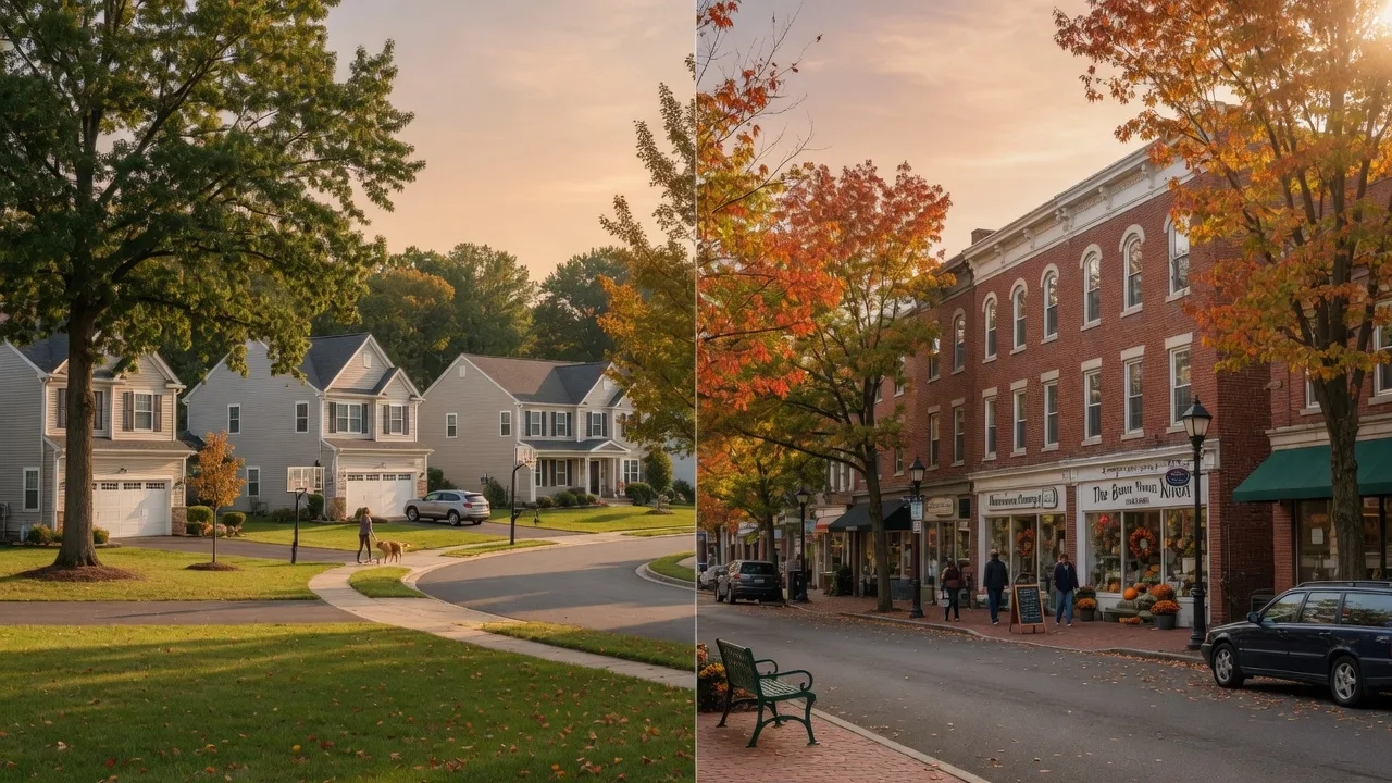 Split composition showing Cherry Hill and Moorestown streetscapes