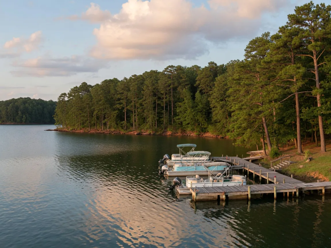A broad Lake Lanier cove near Cumming in late-afternoon light with a wooden dock and moored pontoon boats