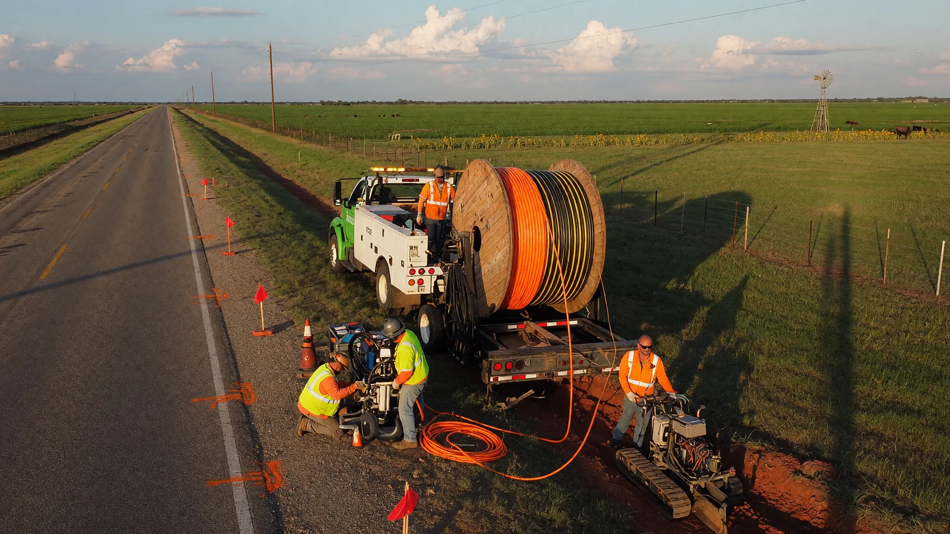 Broadband fiber optic cable installation along a rural Texas county road with farmland stretching to the horizon