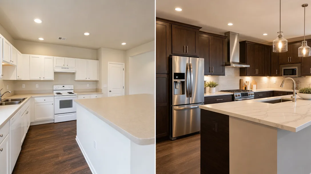 Split comparison of builder-grade kitchen versus premium upgraded kitchen with quartz countertops
